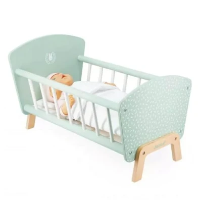 Image of JANOD Zen FSC Wood Cot Pretend Play Toy Bed with a Rabbit Pillow and Blanket Doll Accessory 3 Years +, J05902, Water Green/White