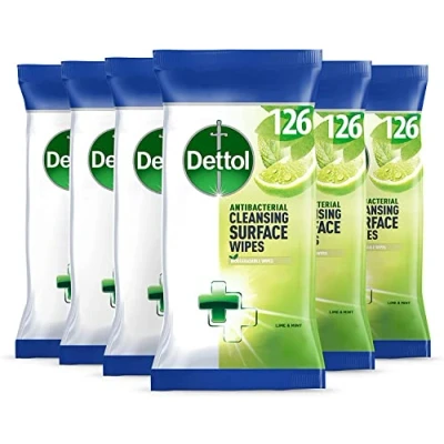Image of Dettol Antibacterial Biodegradable Disinfectant Wipes, Lime Mint Scent, 6 X 126 Multipack (Total 756), Effective Mould Mildew Remover, Ideal For Home Cleaning