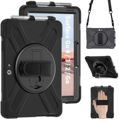 Image of Junfire Protective Case for Microsoft Surface Go 4, 3, 2, 10.5 inch 2023/2021/2020, Shockproof Heavy Duty with Kickstand and Shoulder Strap, 360 Degree Rotation (Black)