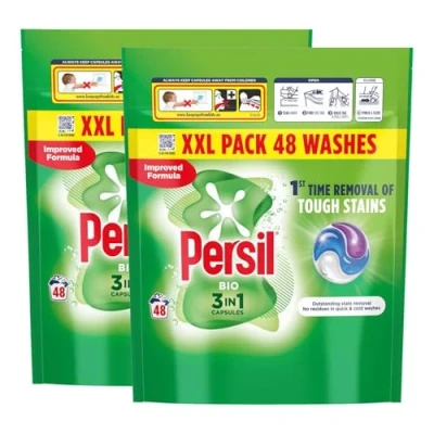 Image of Persil XL 3 in 1 Washing Capsules Outstanding Stain Removal with No Residues Even Quick and Cold Washes 7 Days of Lasting Freshness Pods 48 (Buy 2, Bio)