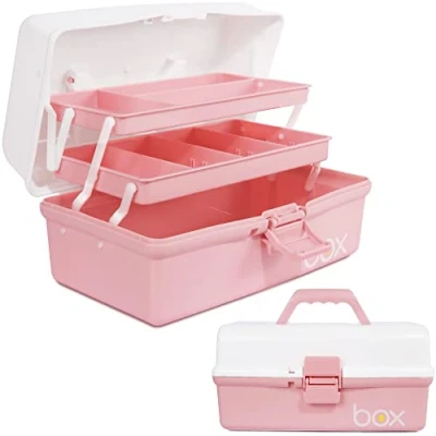 Image of Creahaus 12in 3 Layer Multipurpose Storage Box/Craft Boxes with Compartments/Plastic Tool Box/Medicine Box/Hair Accessories Organiser/Sewing Box 2 Trays (Pink White)