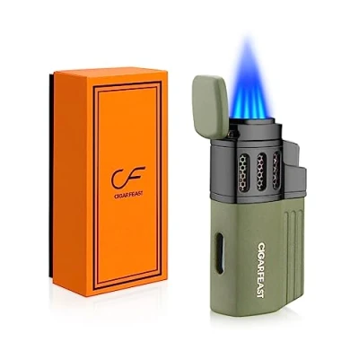 Image of 4 Jet Flame Cigar Torch Lighters with Punch Butane Refillable Lighter Windproof for Men Without Gas (Drak Green)