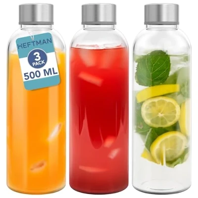 Image of HEFTMAN Glass Bottles with Lids 3 Pack 500ml Empty Water Bottle Airtight, Leakproof, Stainless Steel Water, Smoothies, Juice &amp; Cleaning Brush for Work, Gym, Home