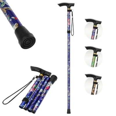 Image of supregear Folding Cane for Women, Lightweight Walking Stick Floral with Wrist Strap and T Handle, 5 Level Adjustable Height Travel Elderly Disabled Men Women Portable Cane, Purple