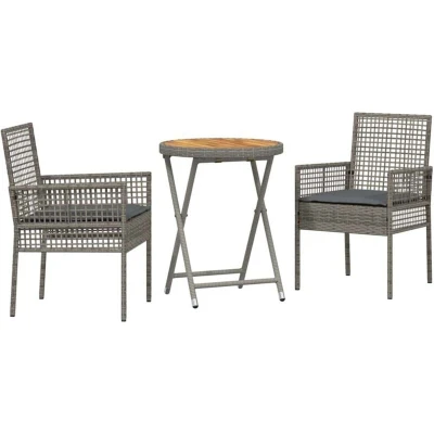 Image of vidaXL 3 Piece Garden Bistro Set with Cushions Grey Poly Rattan