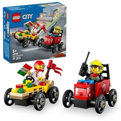 Image of LEGO City Pizza vs. Fire Truck Race Car Pack Toy Soapbox Toys for 5+ Year Old Boys &amp; Girls Fun Holiday or Birthday Gifts Vehicle Set Includes 2 Minifigures 60458