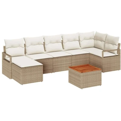 Image of vidaXL 8 Piece Garden Sofa Set with Cushions Beige Poly Rattan Acacia