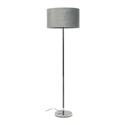 Image of Modern Standard Floor Lamp in a Silver Chrome Metal Finish with Grey Velvet Drum Shade LED Bulb Included