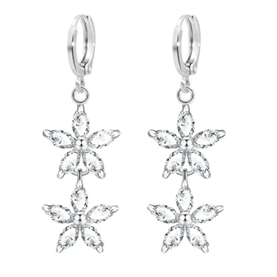 Image of KristLand Flower Dangle Hoop Earrings 925 Sterling Silver Ear Pin with Cubic Zirconia Party Birthday Gift for Woman Ladies Girls