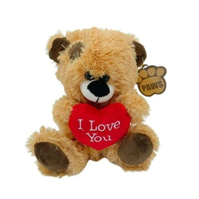 Image of Brown Patchwork Teddy Bear holding Red Heart with &quot;I Love You&quot; written on it (Golden Brown, 8&quot;)