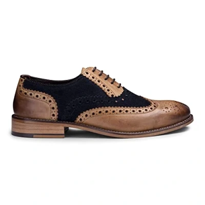 Image of Mens Real Leather Vintage Shoes Brogues 1920s Suede Tweed Laced Smart Formal Tan Navy 12