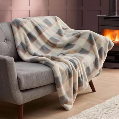 Image of Silentnight Snugsie Faux Fur Blanket Natural Check