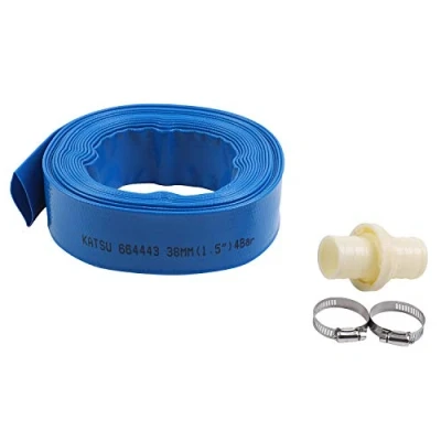 Image of KATSU Layflat Discharge Hose Pipe 10m x 38mm 1 1/2 Inch Diameter with 2 Clips and Quick Coupler Connector, Fits Submersible &amp; Other Water Pumps for Draining Pond, Garden Irrigation, Hot Tub, Pool