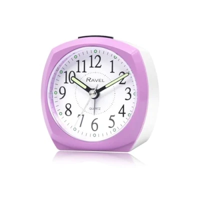 Image of Ravel Midsize Small Two Toned Pastille Alarm Clock with Snooze and Light Analogue Quartz RC047.7 White/Purple