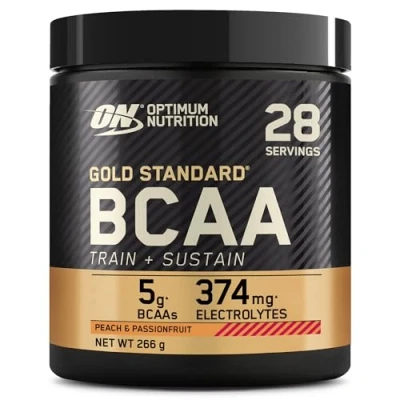 Image of Optimum Nutrition Gold Standard BCAA Train + Sustain, Amino Acids Pre Workout Powder, Sports Drink with Vitamin C, Zinc, Magnesium and Electrolytes, Peach &amp; Passionfruit Flavour, 28 Servings, 266 g