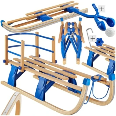 Image of tectake® Folding Wooden Sledge with Removable Backrest, Snow in Durable Beech Wood Smooth Steel Runners &amp; Tear Resistant Tow Rope, Large Sled for up to 2 Children, Incl. Snowball Maker