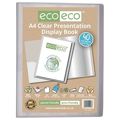 Image of eco A4 Size 50% Recycled 40 Pocket Clear Presentation Display Book, Storage Case Portfolio Art Folder with Plastic Sleeves, eco098