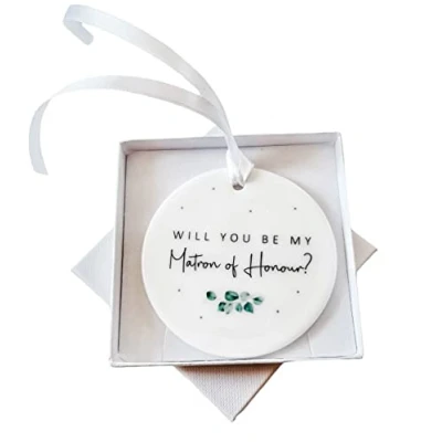 Image of Wedding Party Proposal Hanging Ornament Ceramic Sign Will You Be My Bridesmaid Maid of Honour Matron Sage Green Eucalyptus Theme (Matron in Gift Box)