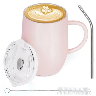 Image of BELLE VOUS Stainless Steel Insulated Travel Mug with Handle 350ml/12oz Double Wall Reusable Thermal Cup Lid &amp; Straw Vacuum Leakproof Tumbler for Hot Cold Drinks Including Coffee/Tea