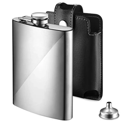 Image of Stainless Steel Hip Flask 227ml / 8oz with Funnel and Synthetic Leather Pouch, Alcohol Whiskey