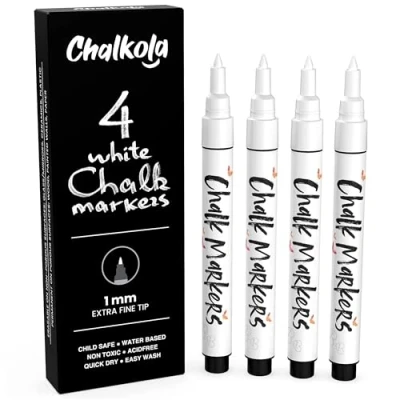 Image of Extra Fine Tip White Chalk Pens (4 Pack 1mm Nib) Dry Erase Ink Markers for Blackboard, Chalkboard, Windows, Signs, Glass Water Based, Non Toxic, Wet Wipe Erasable