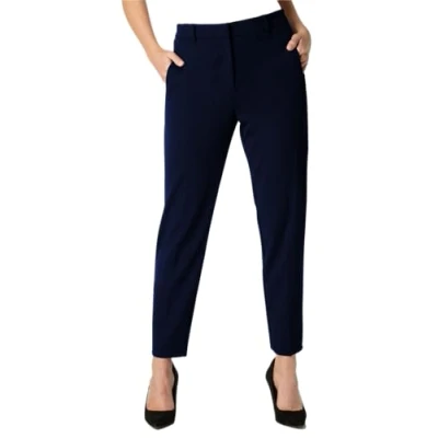 Image of Roman Originals Work Trousers for Women UK Ladies Office Smart Stretch Suit Pants Cigarette Straight Leg Tailored High Elasticated Waist Tapered Ankle Grazer Slim Regular Navy (28 inch) Size 10