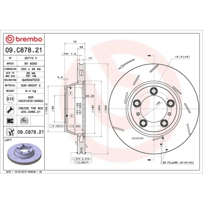 Image of 298615601A, 97035240300 Brake disc BREMBO 09.C878.21 330mm 28mm 5 slotted, internally vented Coated High carbon PORSCHE: Panamera