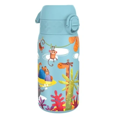 Image of Ion8 Stainless Steel Water Bottle (350ml) Leakproof Drinking Bottle, Triple Lock Lid Prevent Spills &amp; Hide Away Handle, Dishwasher Safe Straw Compatible, Slimline Design for Backpacks, Safari