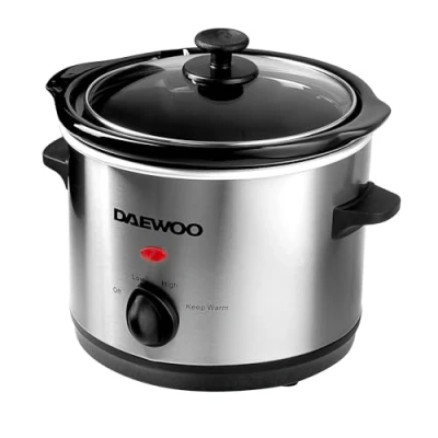 Image of Daewoo 1.5L Slow Cooker Stainless Steel 3 Heat Settings Dishwasher Safe Pot &amp; Lid Power Indicator Useful Carry Handles Raised Feet Manual Temperature Control