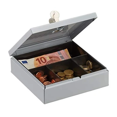 Image of Relaxdays Cash Box Lockable with Coin Compartment, Money 2 Keys, Counter Box, W 17 x D cm, Grey
