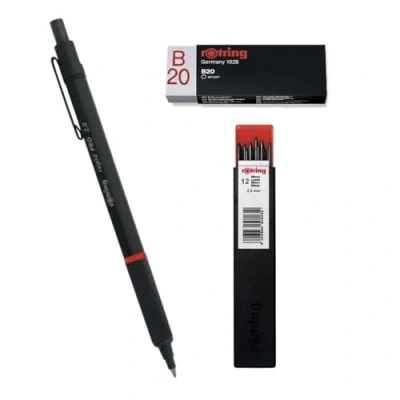 Image of rOtring Rapid Pro Mechanical Pencil HB 2.0 mm Lead Propelling Matte Black Full Metal Barrel Set Tikky Refills 12 Count Eraser B20