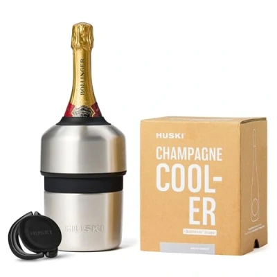 Image of Huski Champagne Cooler New Award Winning Iceless Design with Detachable Bottle Stopper Keeps Wine Cold up to 6 Hours Fits Most 750ml Champagne, Prosecco &amp; Sparkling Bottles (Stainless)