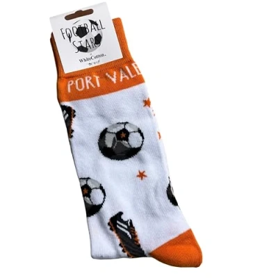 Image of WHITE COTTON CARDS Port Vale Valiants FC Football Club Fan Novelty Socks. Size UK Adults 8 12