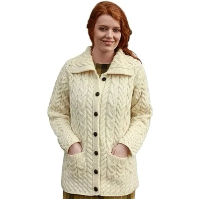 Image of Aran Woollen Mills Ladies Long Chunky Wool Knit Cardigan Sweater with Collar and Pockets (Large, Natural)