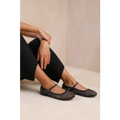 Image of Womens Flat Ballets Pumps Ladies Girls Dolly Dollie Mesh Diamante Ballerina Fashion Shoes Evening Dance Party Wedding Ballet Round Toe Flats Wide Fit Width Fitting