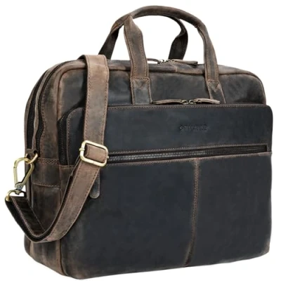 Image of STILORD &#039;William&#039; Business Bag Men Leather Briefcase College Shoulder Satchel XL Vintage 15.6 inch Laptop Large Working Office Bag, Colour:Dark Brown