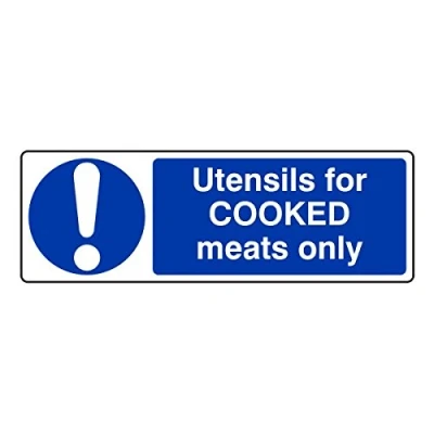 Image of 300mmx100mm Utensils For COOKED Meats Only Catering Sign Sticker Self Adhesive