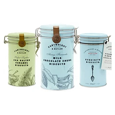 Image of Cartwright &amp; Butler Biscuit Tin Trio Presented in our Reusable Signature Clip Lid Tins Includes Milk Chocolate Chunk, Salted Caramel Strawberry White Biscuits