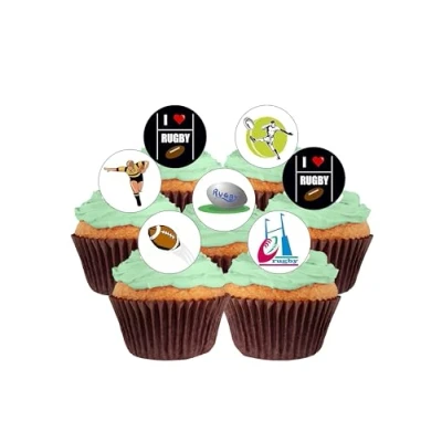 Image of 24 PRE Cut Rugby Edible Wafer Paper Round Cake Toppers Decorations