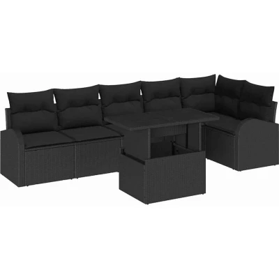 Image of vidaXL 7 Piece Garden Sofa Set with Cushions Black Poly Rattan