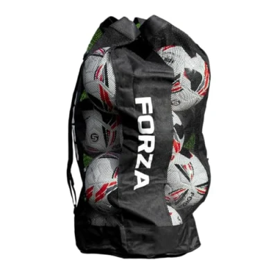 Image of FORZA Premier Ball Carry Bag Drawstring Football, Basketball, Netball &amp; Volleyball Mesh 5 Colour Options Heavy Duty Equipment Holdall 12 Capacity (Black)