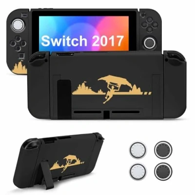 Image of JINGDU Switch Protective Case for 2017 NS, Dockable Soft TPU Protector, Slim Shock Absorption Anti Scratch Cover NS with Thumb Grips Caps (Fortnite)