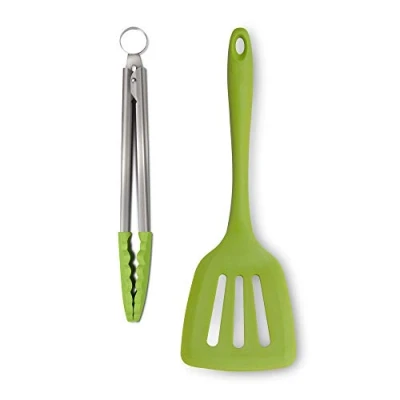 Image of Zeal JSET3L Non Stick Silicone Cooking Turner &amp; Food Tongs 2 Piece Set Lime