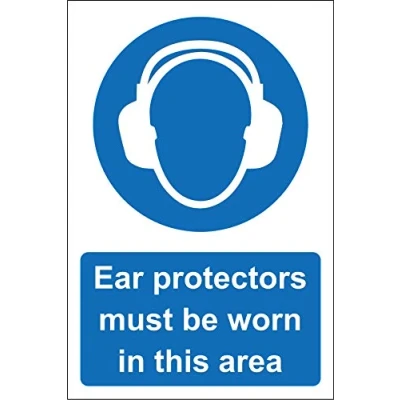 Image of Ear protectors must be worn in this area safety sign Self adhesive sticker 200mm x 150mm