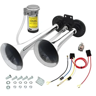 Image of GAMPRO 12V 150db Air Horn, Chrome Zinc Dual Trumpet Horn with Compressor for Any Vehicles Trucks Lorrys Trains Boats Cars Vans (silver)