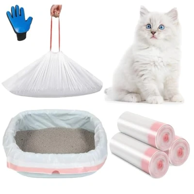 Image of Amalan XXL 30Pack Cat Litter Tray Liners+Pet hair comb massage gloves, Drawstrings Scratch Resistant Bags For Extra Large Box(915 * 450 0.03mm)