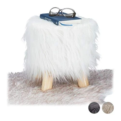 Image of Relaxdays Faux Fur Stool, Fluffy, 4 Wooden Legs, Padded Footstool, Round, Decorative Stand, White, HxD: 31x31 cm