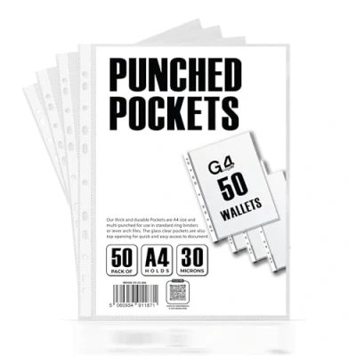 Image of G4GADGET Pack of 50 A4 Clear Plastic Punch Punched Pockets Folders Filing Wallets Sleeves