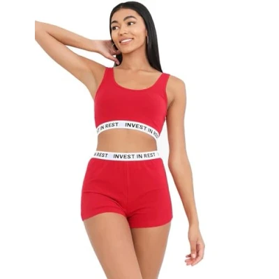 Image of BRAVE SOUL Women&#039;s Plain Stretchy Gym Set 2 Piece Crop Top Vest &amp; High Waist Shorts for Yoga, Running, Workout Breathable, Lightweight, Perfect Activewear Essentials Red S