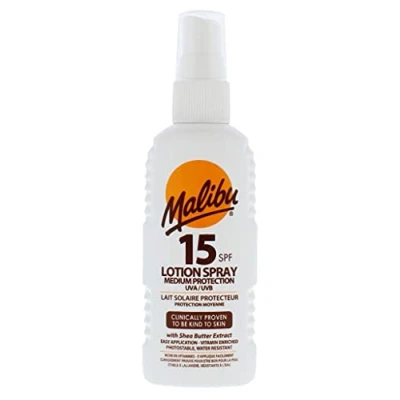 Image of Malibu Sun SPF 15 Lotion Spray, Medium Protection Cream, Water Resistant, Vitamin Enriched, with Shea Butter Extract, 100ml